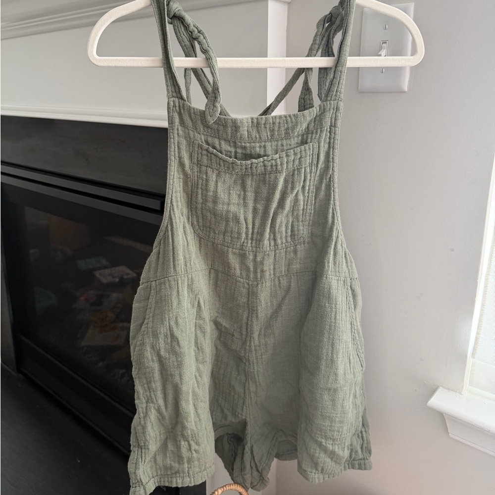 Aerie Light Olive Green Gauze Overalls Romper Medium